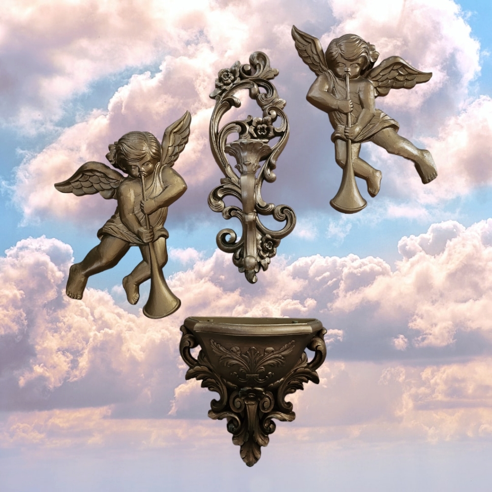 Vintage 1970's Old Hollywood Regency Style Syroco Cherubs, Sconce and Planter